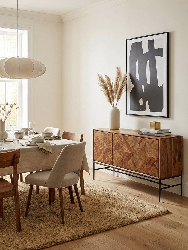 Modernes Sideboard aus massivem Sheesham-Holz in einem eleganten Esszimmer, kombiniert mit einem sandfarbenen Wollteppich und minimalistischer Dekoration._
