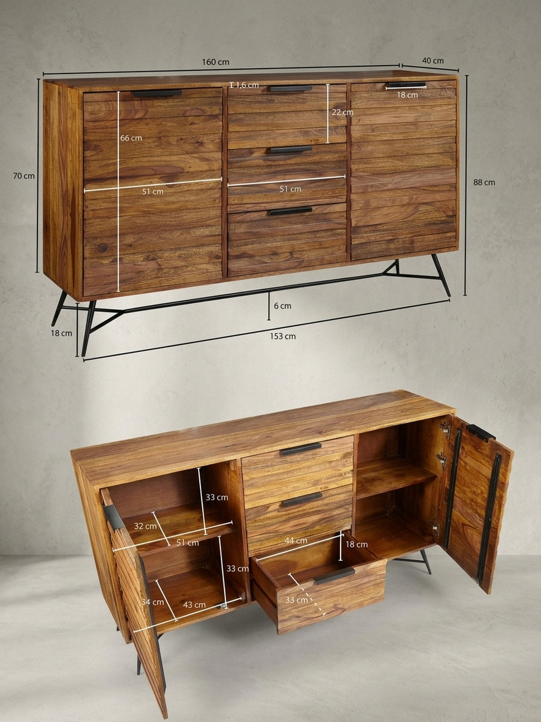 Detailansicht der Rückseite und stabilen Rahmenkonstruktion des Esszimmer Sideboards. Präzise verarbeitetes Naturholz trifft auf eine robuste, schwarz lackierte Metallbasis._