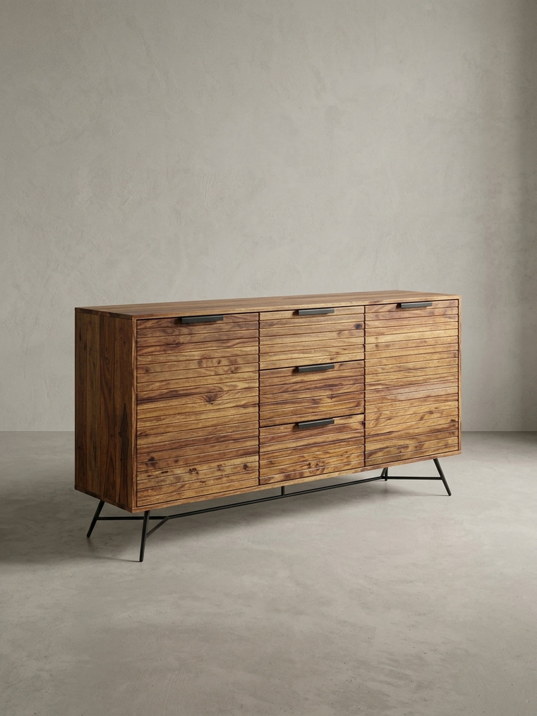 Maßskizze des Design Sideboards mit exakten Abmessungen. Breite 160cm, Höhe 88cm, Tiefe 40cm. Die Bodenfreiheit von 18cm bis zur unteren Querstrebe erleichtert die Raumreinigung erheblich._