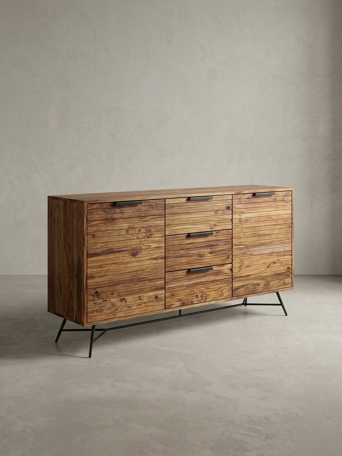 Maßskizze des Design Sideboards mit exakten Abmessungen. Breite 160cm, Höhe 88cm, Tiefe 40cm. Die Bodenfreiheit von 18cm bis zur unteren Querstrebe erleichtert die Raumreinigung erheblich.