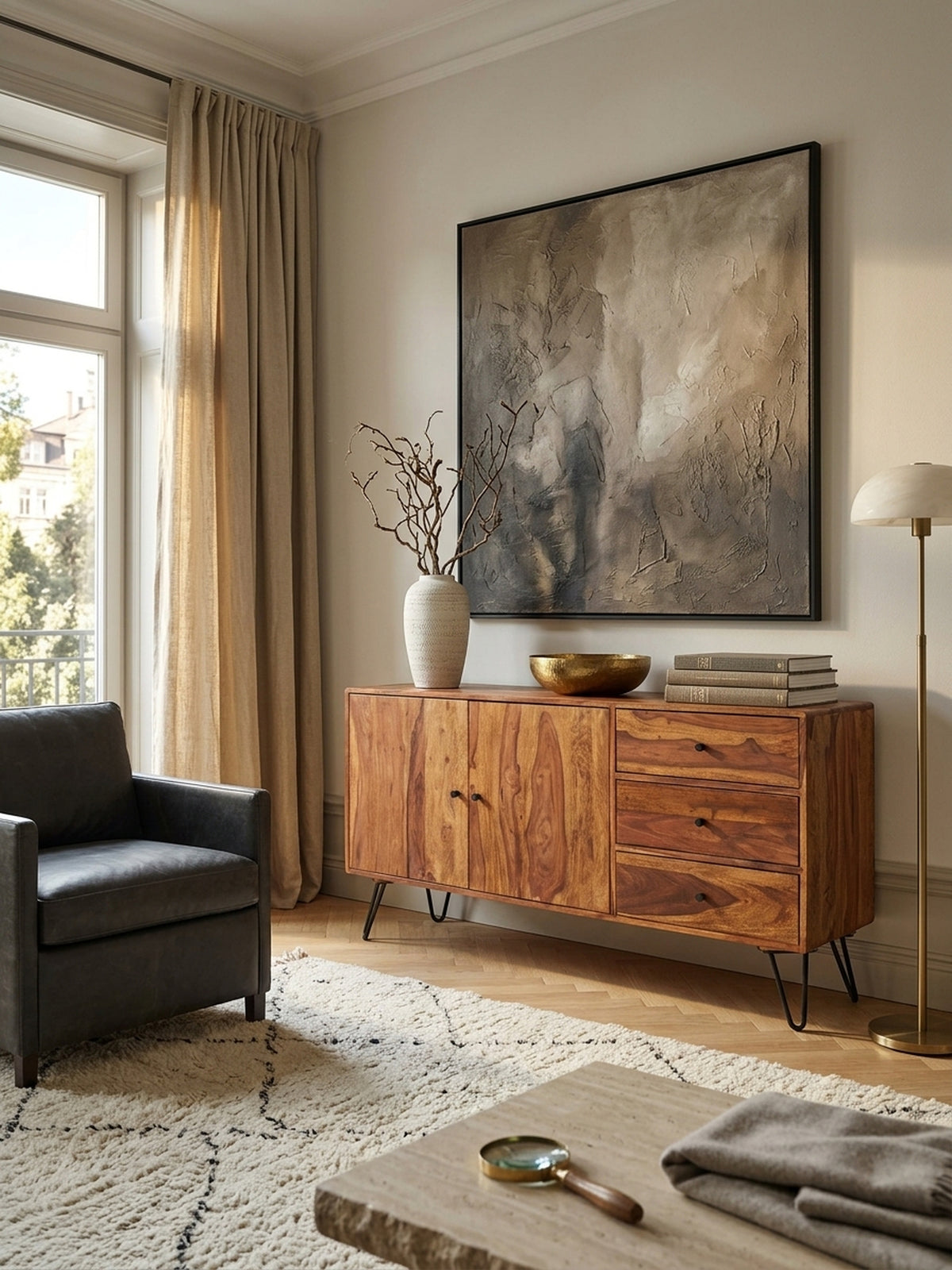 Massivholz Sideboard aus Sheesham mit markanter Maserung in einem eleganten Wohnzimmer. Auf der 145x40 cm großen Anrichte stehen kuratierte Deko-Objekte vor einer hellen Wand.