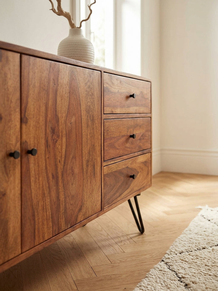 Nahaufnahme der lebendigen Holzmaserung eines Sheesham Sideboards. Die klarlackierte Massivholz-Oberfläche und ein kleiner schwarzer Möbelgriff zeigen die hochwertige Verarbeitung._