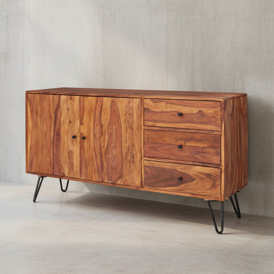 Sheesham Sideboard_ 145x75x40 cm_ Landhausstil_ 3 Schubladen &amp; 2 Türen_ Haarnadelbeine - KADIMA DESIGN_Größe_ 145x40x75 cm_