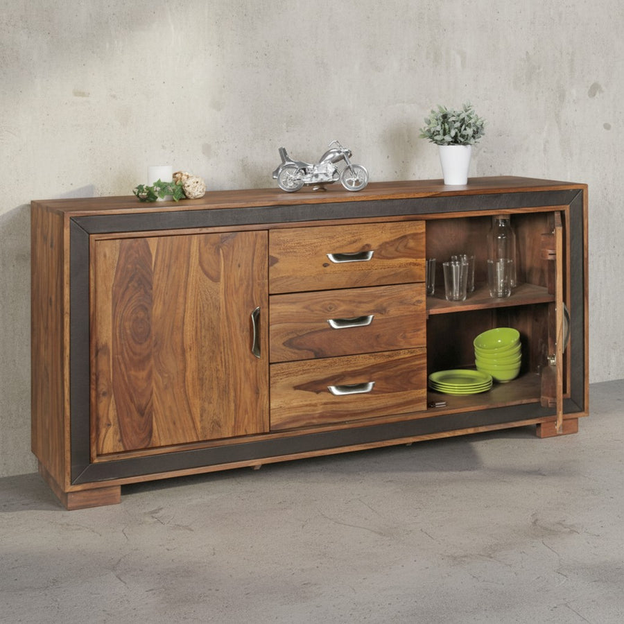 Rustikales Sideboard_ Sheesham Massivholz_ Kunstleder_ 160x44x80 cm - KADIMA DESIGN_Größe_ 160x44x80 cm_