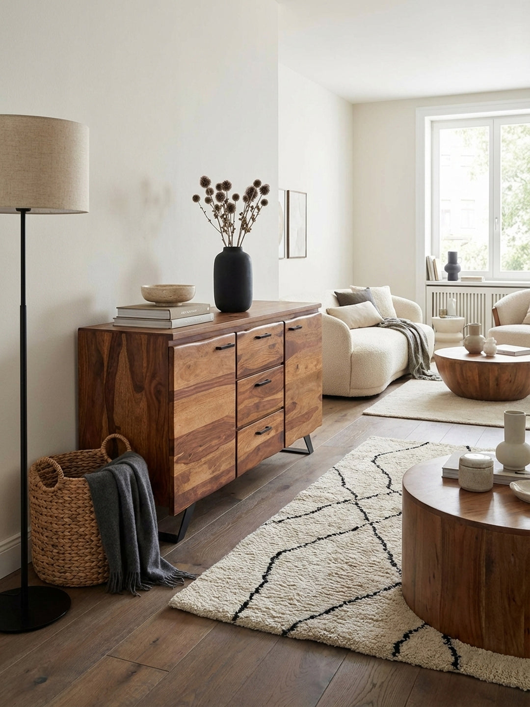 Modernes Sideboard aus massivem Sheesham-Holz in einem eleganten Wohnzimmer, dekoriert mit Vase und Büchern auf einer hellen Wollteppich._