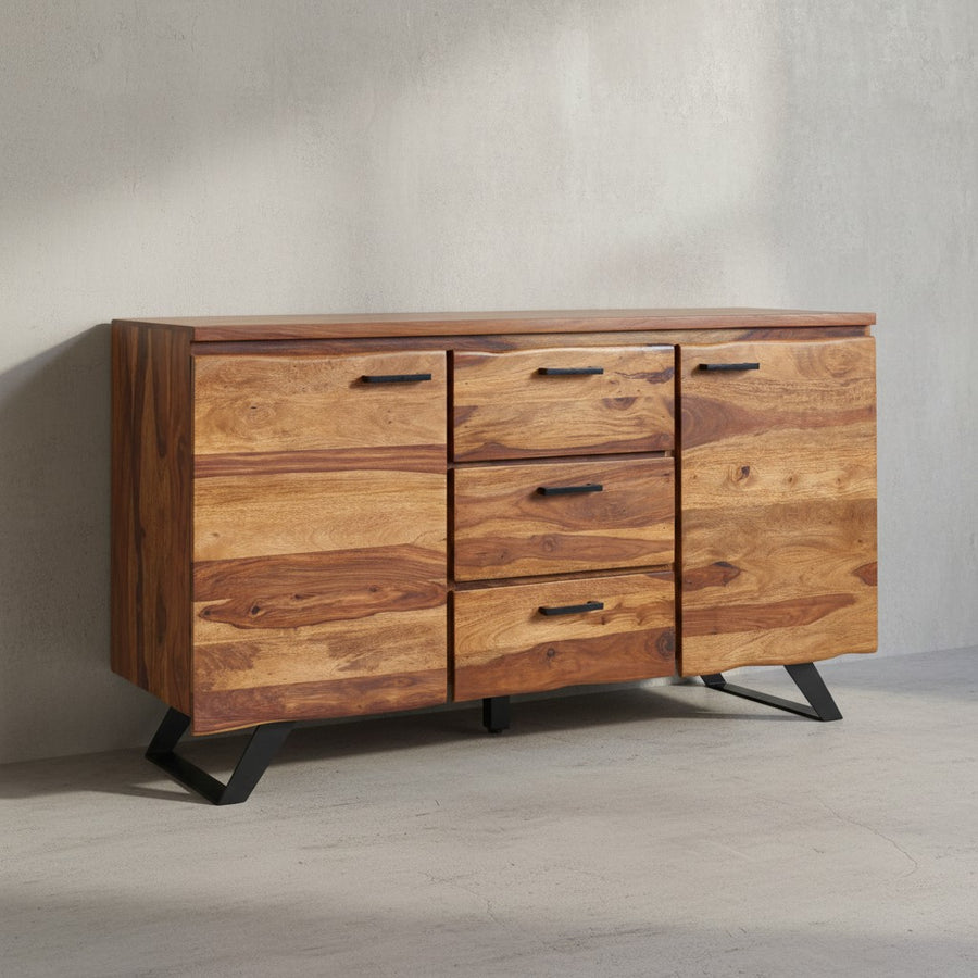 Stilvolles Sheesham Sideboard mit Baumkanten-Design_ 145x82x45 cm_ Metallgestell - KADIMA DESIGN_Größe_ 145x45x82 cm_