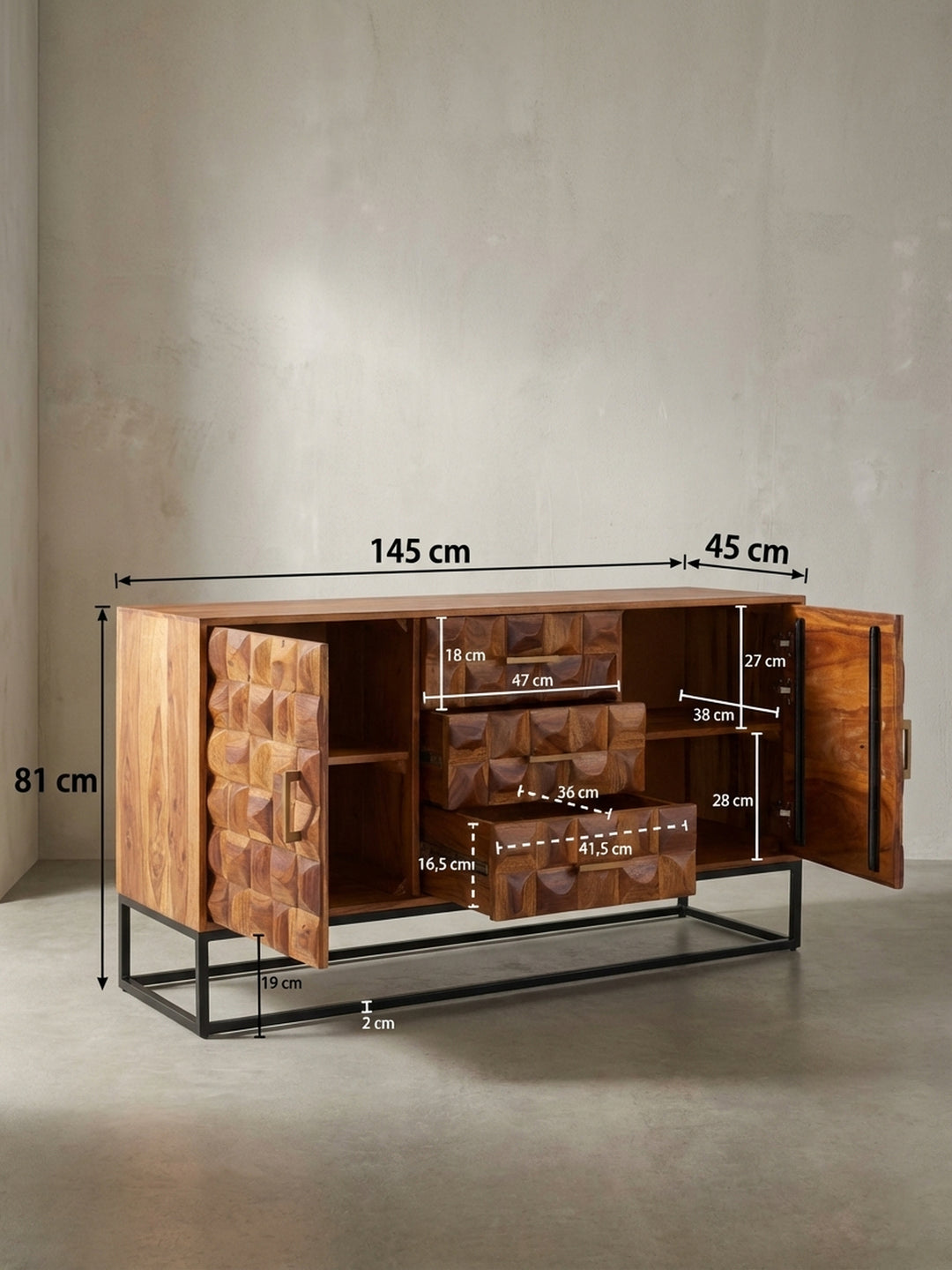 Technische Zeichnung des Sideboards mit genauen Maßen: Breite 145 cm, Höhe 81 cm, Tiefe 45 cm, zur perfekten Planung des Platzbedarfs im Wohn- oder Esszimmer._