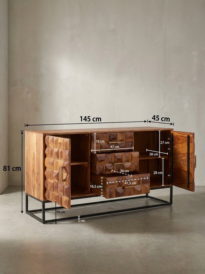 Technische Zeichnung des Sideboards mit genauen Maßen: Breite 145 cm, Höhe 81 cm, Tiefe 45 cm, zur perfekten Planung des Platzbedarfs im Wohn- oder Esszimmer._