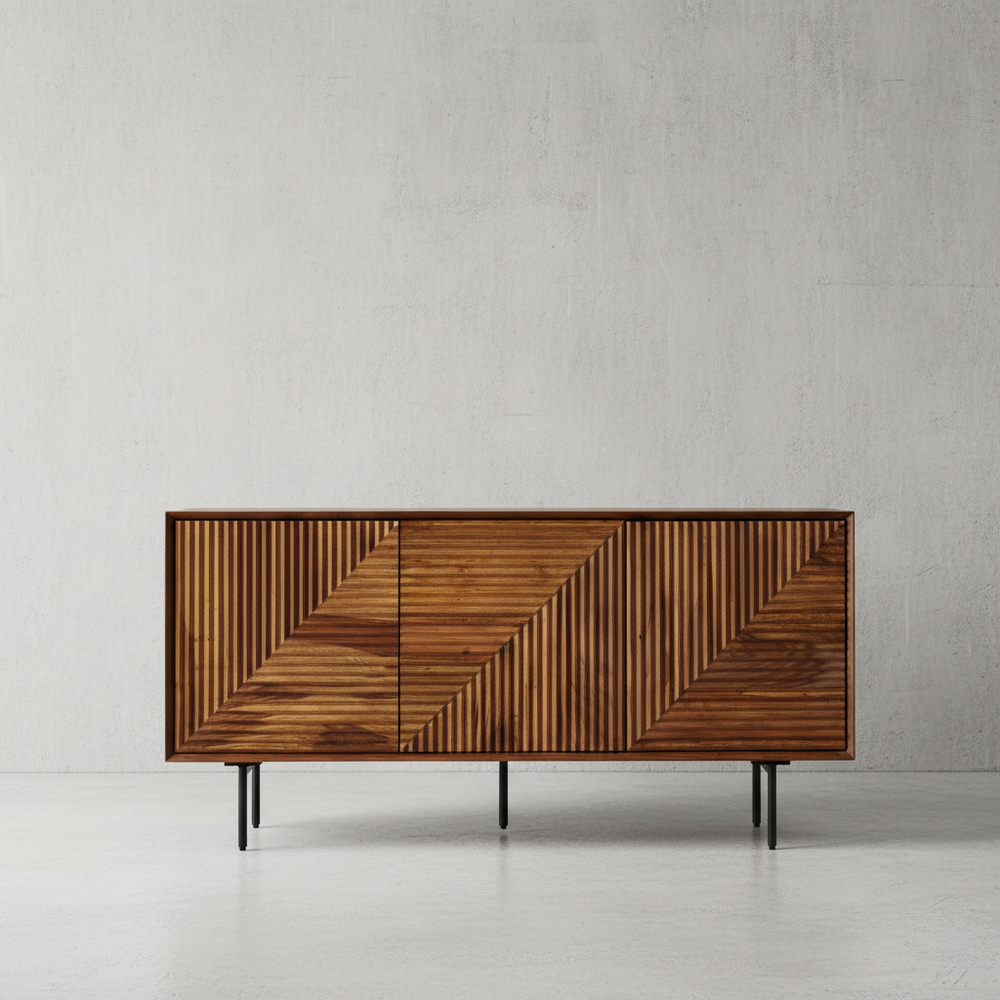Massivholz Sideboard 148x40x71 cm aus Sheesham mit geometrischem Muster – modernes Wohnzimmer-Sideboard mit Stauraum