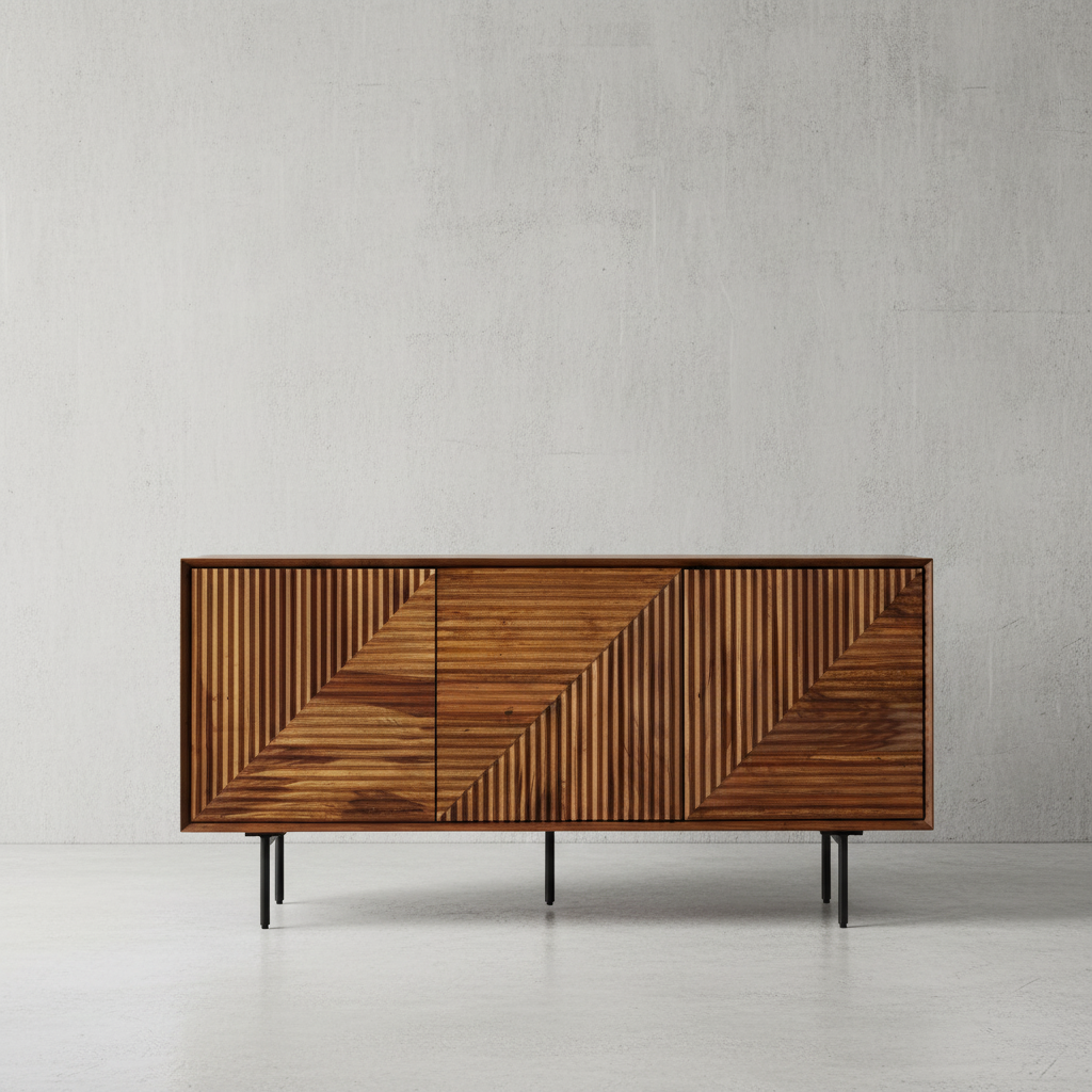 Massivholz Sideboard 148x40x71 cm aus Sheesham mit geometrischem Muster – modernes Wohnzimmer-Sideboard mit Stauraum