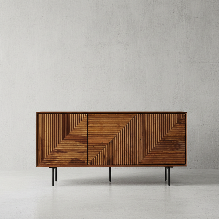 Massivholz Sideboard 148x40x71 cm aus Sheesham mit geometrischem Muster – modernes Wohnzimmer-Sideboard mit Stauraum