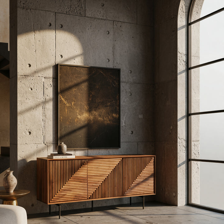 Holz Kommode mit grafischer Front und Metallfüßen – elegantes Wohnzimmermöbel bei Kadima Design_