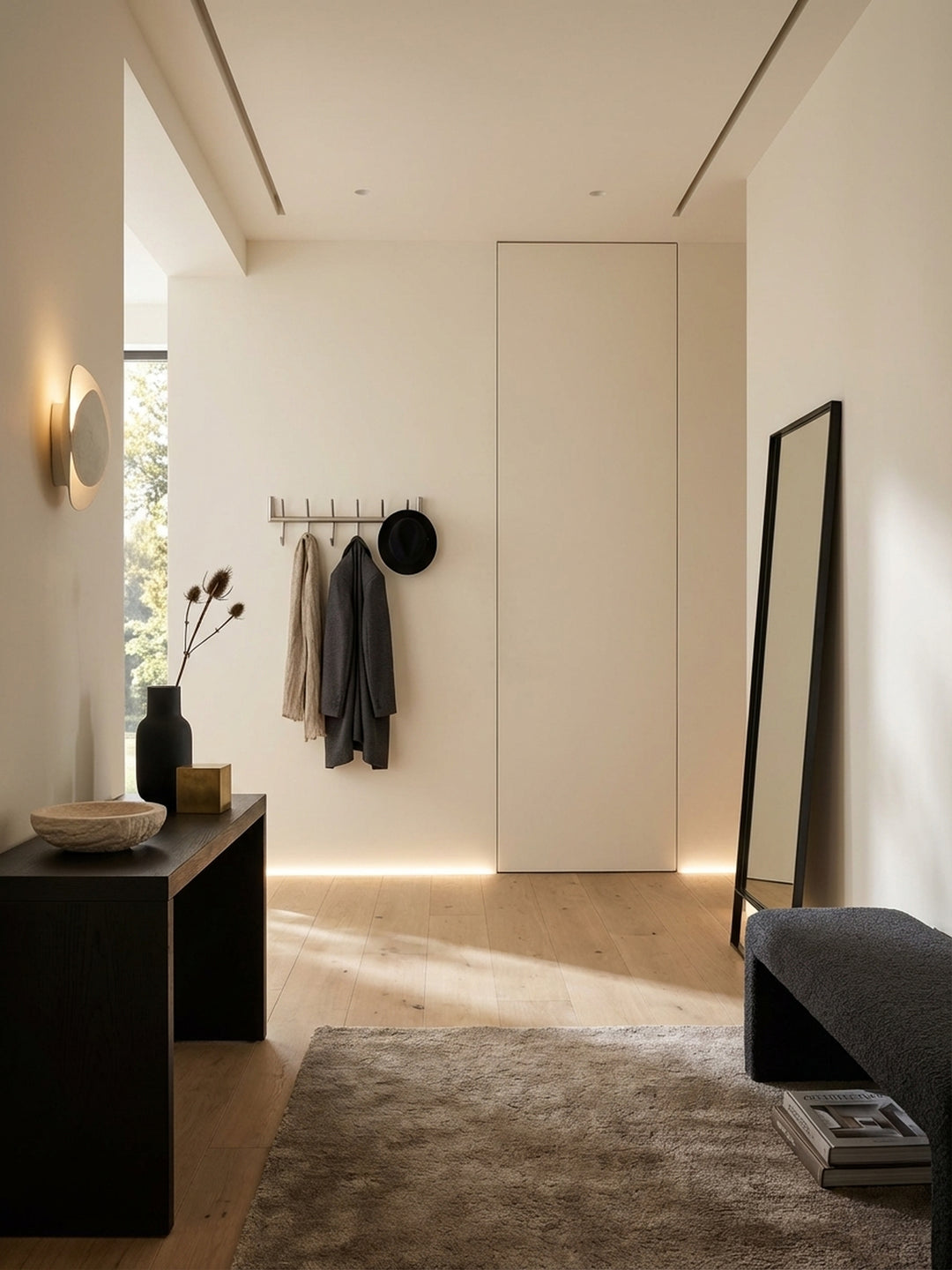 Moderne Wandgarderobe aus mattem Stahl im minimalistischen Eingangsbereich, dekoriert mit einem Mantel und Hut, zeigt die funktionale Eleganz der Garderobenleiste._