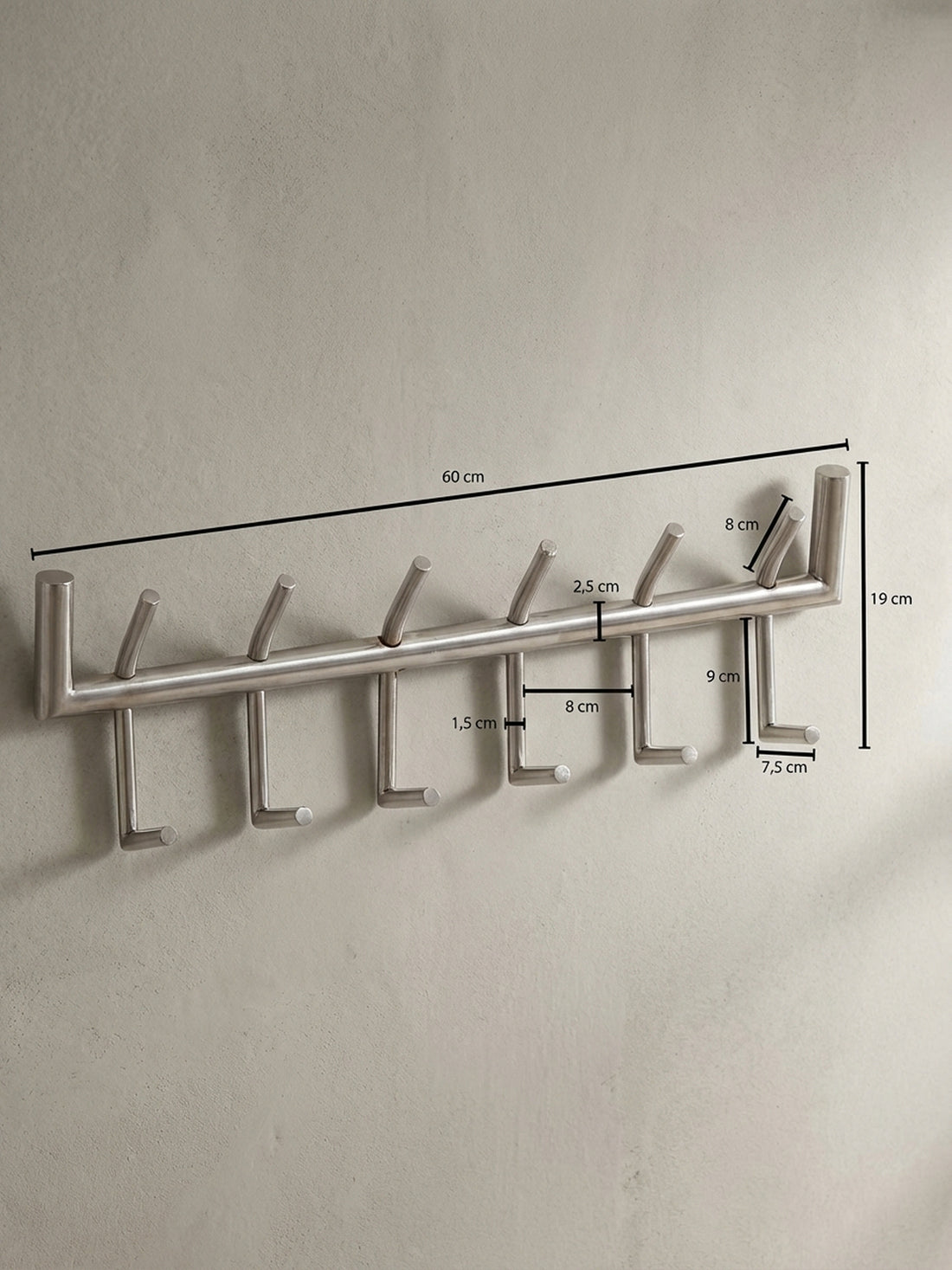 Maßzeichnung Wandgarderobe Metall Silber Modern 60x19x10 cm mit 12 Haken