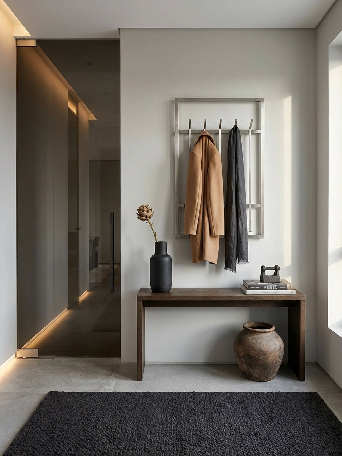 Design-Wandgarderobe aus silbernem Stahl in einem luxuriösen Flur, montiert an einer beigefarbenen Wand über einem Holzboden und einem dunklen Teppich.