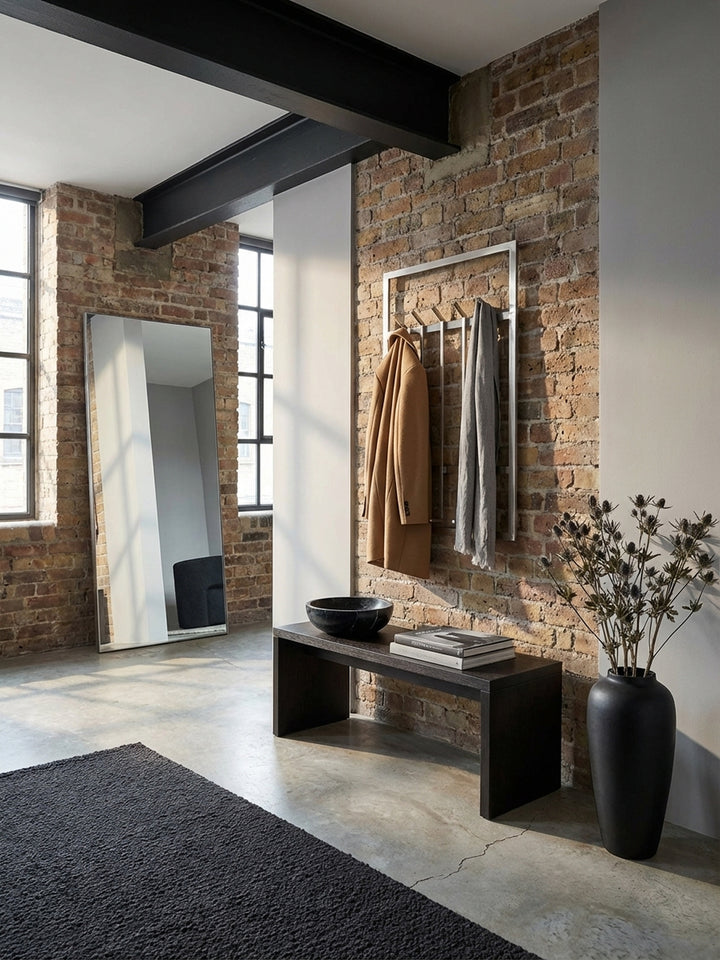 Moderne Flurgarderobe aus Metall in Vogelperspektive, die ihre schlanke Silhouette und die harmonische Integration in ein minimalistisches Eingangsbereich-Design zeigt._