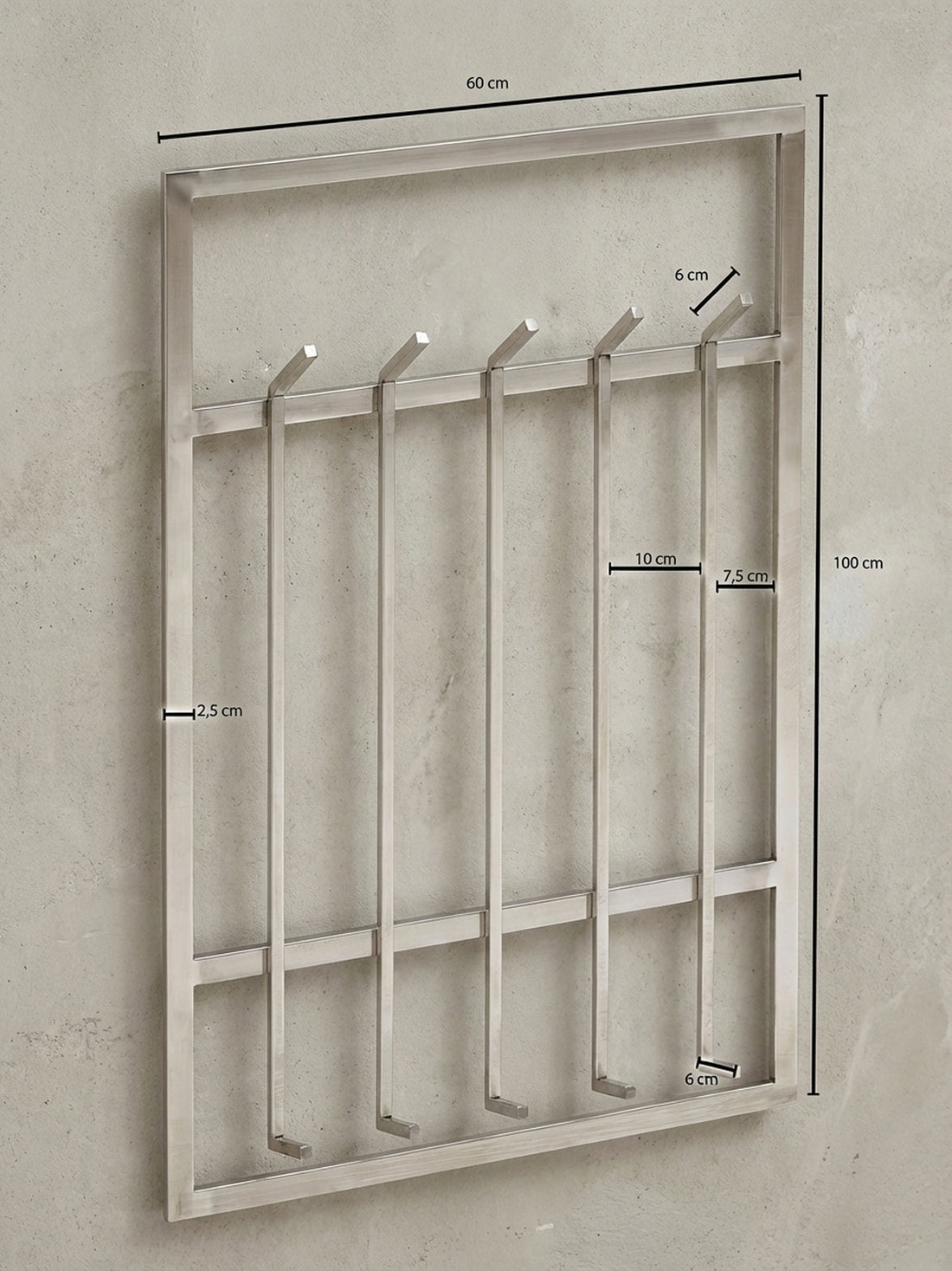 Maßzeichnung Wandgarderobe Metall Silber Modern 60x100x7,5 cm schlichtes Design
