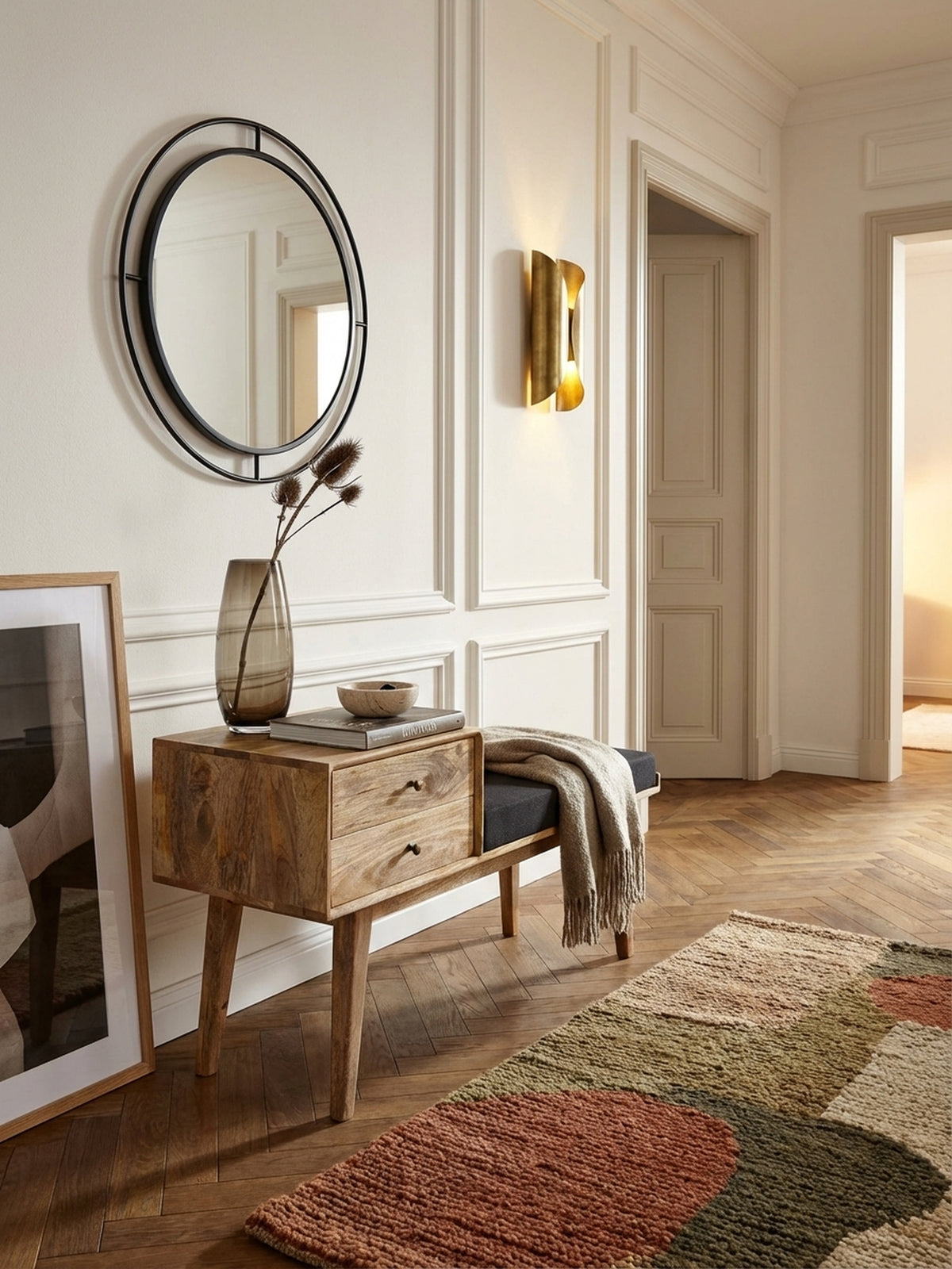 Elegante Sitzbank aus massivem Mangoholz mit schwarzem Stoffpolster in einem hellen Flur, stilvoll dekoriert mit einem Kissen und einer Bodenvase._