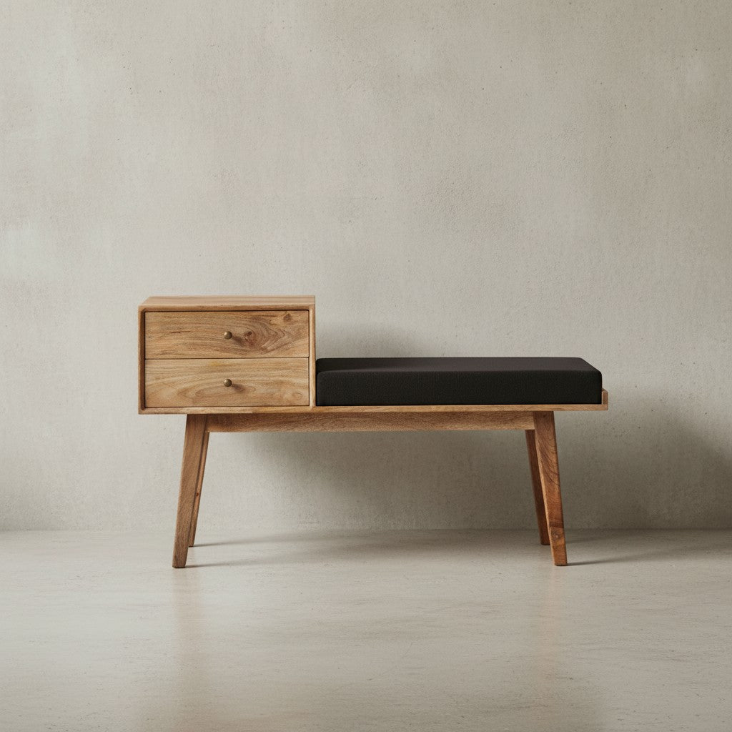Sitzbank ARIZONA_ Retro Stil_ Schubladen_ Mango-Massivholzbeine_ Schwarz - KADIMA DESIGN_Größe_ 120x40x65 cm_