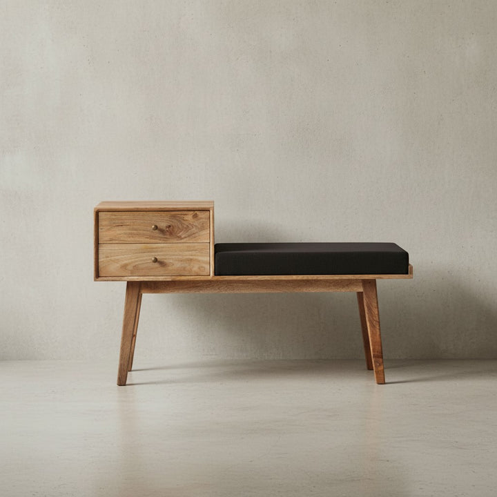 Sitzbank ARIZONA_ Retro Stil_ Schubladen_ Mango-Massivholzbeine_ Schwarz - KADIMA DESIGN_Größe_ 120x40x65 cm_