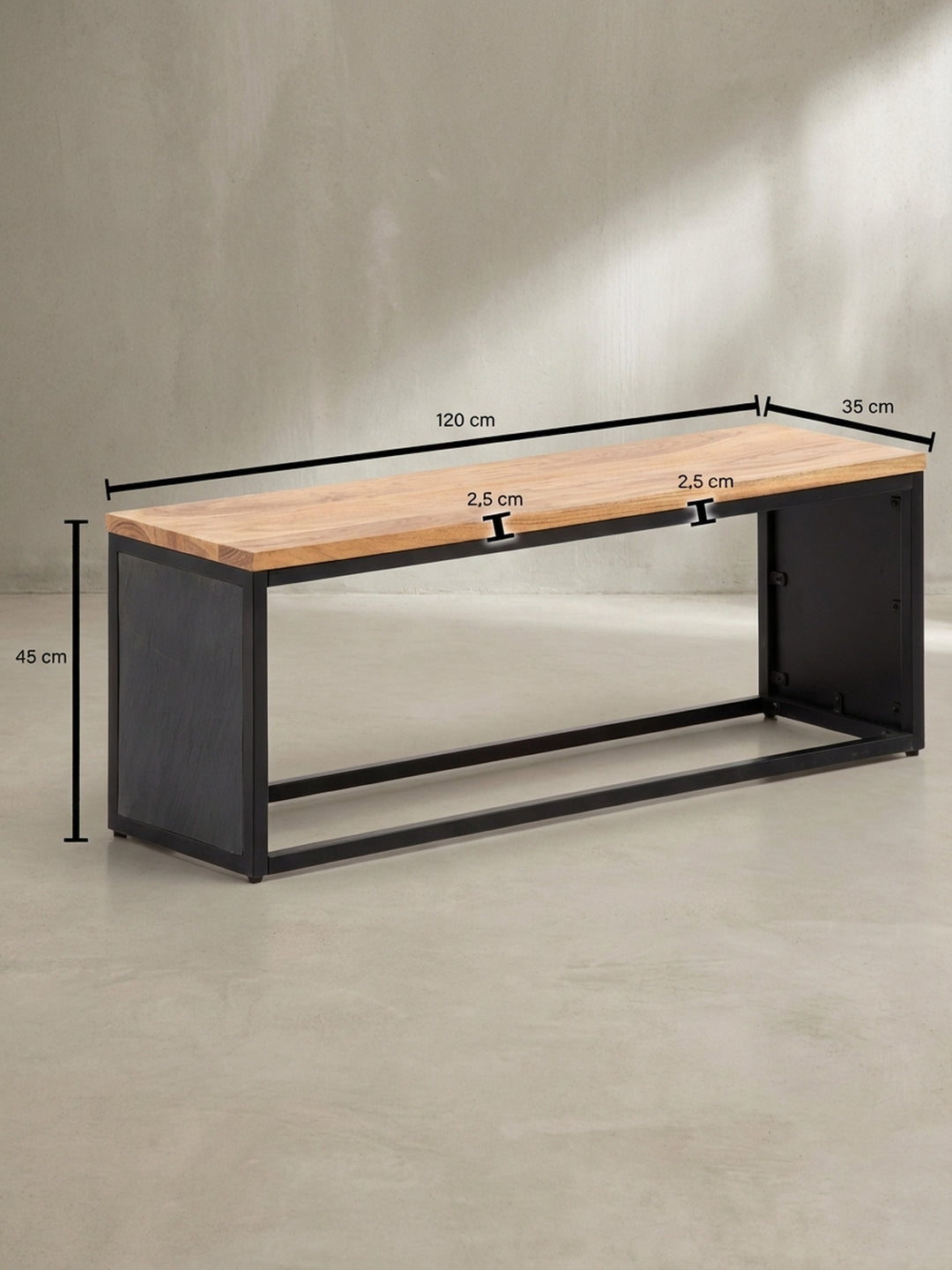 Technische Zeichnung der Sitzbank mit exakten Maßen: Länge 120 cm, Höhe 45 cm, Tiefe 35 cm, perfekt für die Planung des Platzbedarfs im Eingangsbereich._
