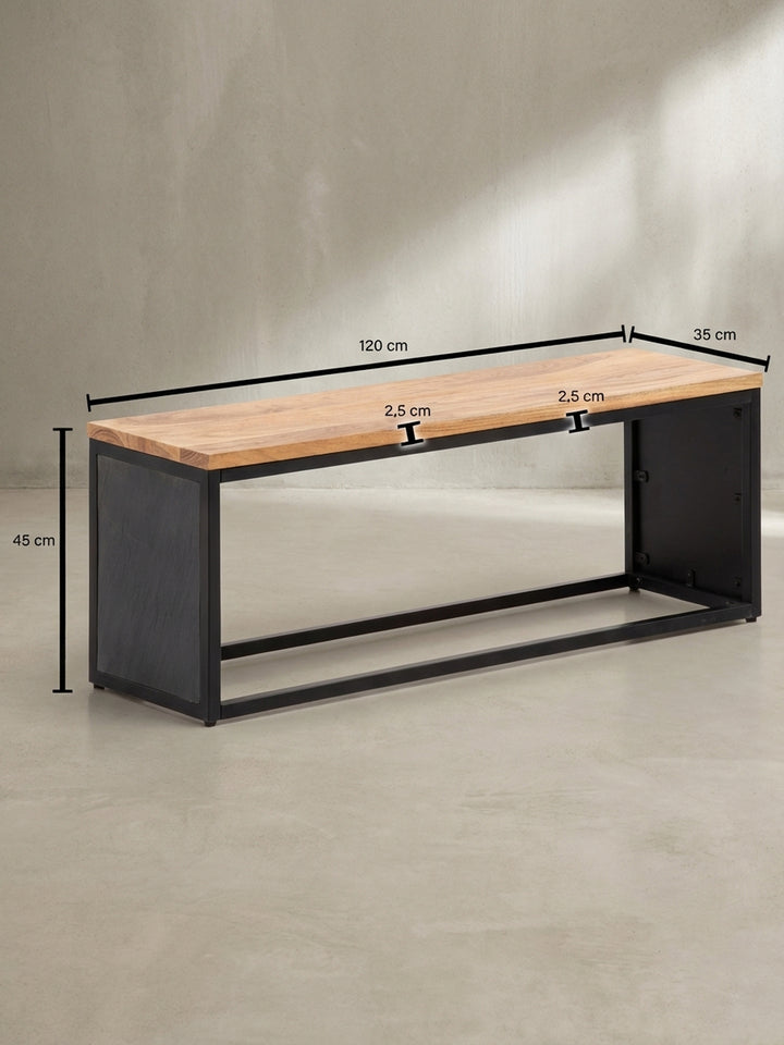Technische Zeichnung der Sitzbank mit exakten Maßen: Länge 120 cm, Höhe 45 cm, Tiefe 35 cm, perfekt für die Planung des Platzbedarfs im Eingangsbereich._