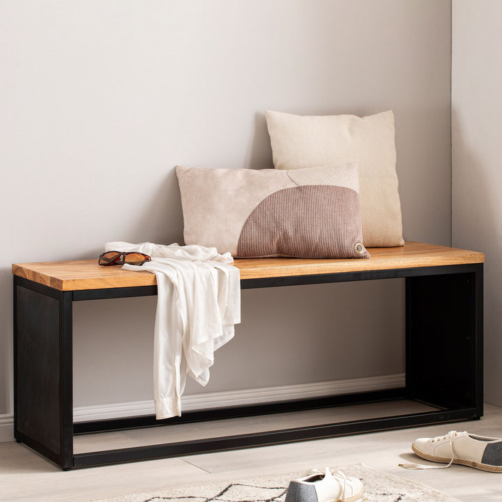 Sitzbank – Akazie Massivholz/Steinoptik, 120x45x35 cm, Metallgestell