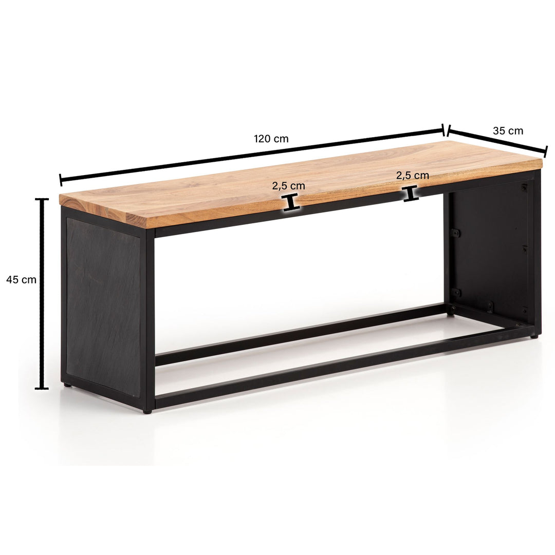 Sitzbank – Akazie Massivholz/Steinoptik, 120x45x35 cm, Metallgestell