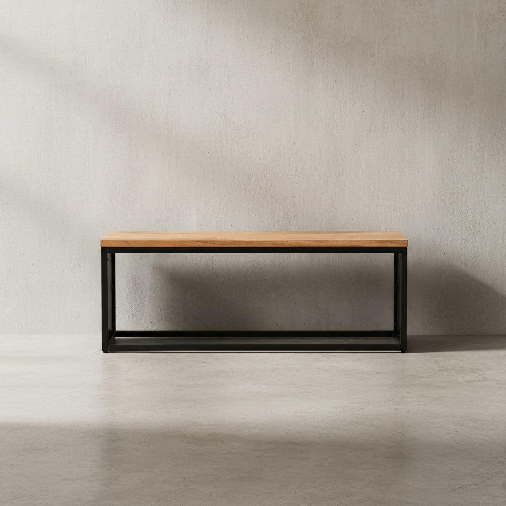 Sitzbank Akazie Massivholz / Steinoptik 120x45x35 cm Flurbank mit Metallgestell - Design Bettbank Schlafzimmer - Kleine Garderobenbank Esszimmerbank_