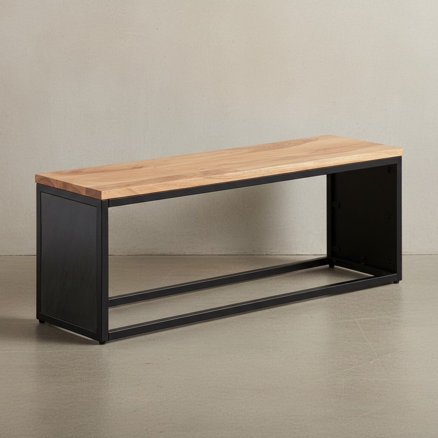 Sitzbank Akazie Massivholz / Steinoptik 120x45x35 cm Flurbank mit Metallgestell - Design Bettbank Schlafzimmer - Kleine Garderobenbank Esszimmerbank_