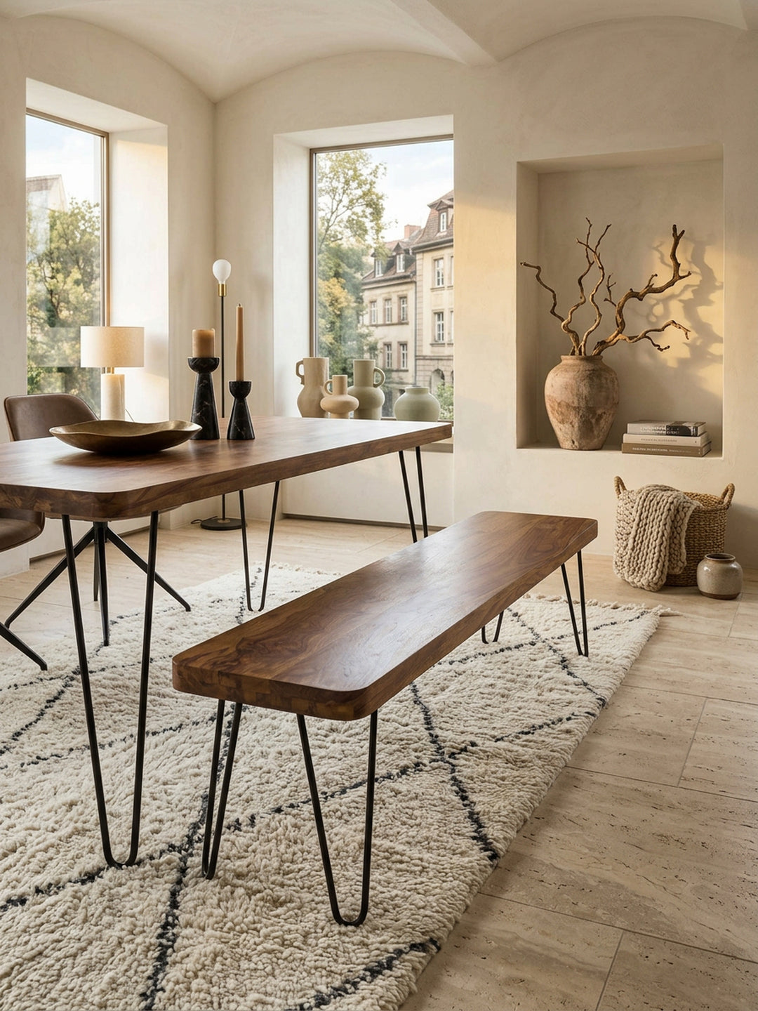 Esszimmerbänke Sheesham Massivholz natur aus der Vogelperspektive in modernem Esszimmer auf Ein luxuriöser_