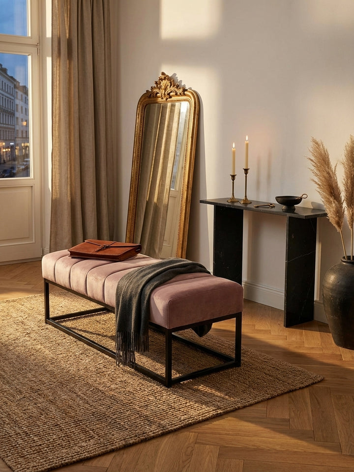 Ein Kaschmirplaid und ein Leder-Notizbuch liegen auf der rosa Samt-Bettbank und schaffen eine gemütliche Atmosphäre im modernen Schlafzimmer._