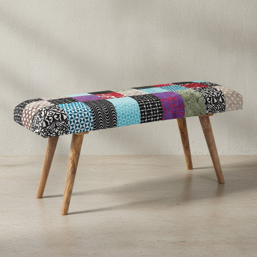 Sitzbank Samt/Massivholz_ Patchwork-Design_ 160 kg Belastbarkeit_ Mangoholz Beine - KADIMA DESIGN_Größe_ 117x38x51 cm_
