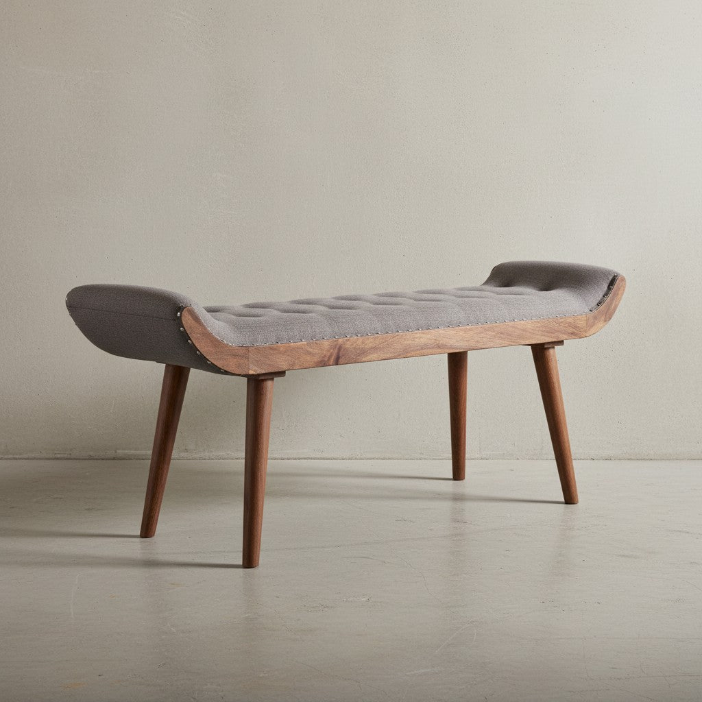Sitzbank aus Massivholz und Leder/Stoff_ Chesterfield-Muster_ 125x50x38 cm_ Lederpolsterung_ Massivholzbeine - KADIMA DESIGN_Farbe_ Beige_ Material_ Stoff_ Größe_ 125x38x50 cm_