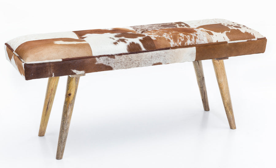 Sitzbank im Landhausstil mit Ziegenfellüberzug_ echtes Leder_ Mango Holz_ 220 kg Belastbarkeit - KADIMA DESIGN_Größe_ 120x40x52 cm_