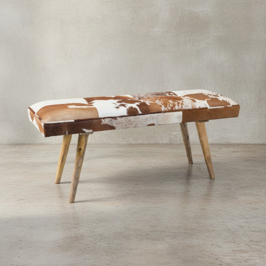 Sitzbank im Landhausstil mit Ziegenfellüberzug_ echtes Leder_ Mango Holz_ 220 kg Belastbarkeit - KADIMA DESIGN_Größe_ 120x40x52 cm_