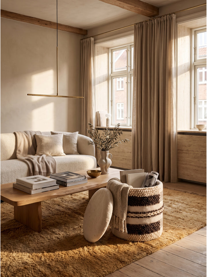 Runder Sitzhocker aus echter Wolle in Beige und Braun im stilvollen Boho-Wohnzimmer auf massiven Eichendielen._