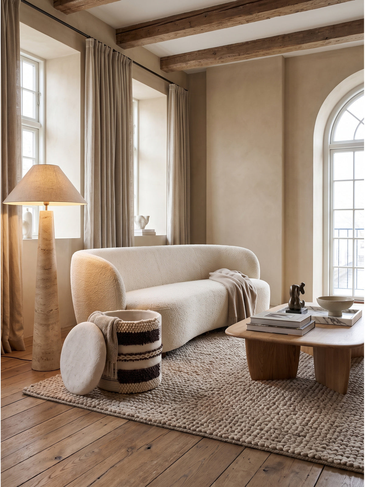 Wollhocker im Boho-Stil mit Streifenmuster arrangiert als gemütliche Ablage neben einem hellen Leinensofa vor einer geschlämmten Wand.