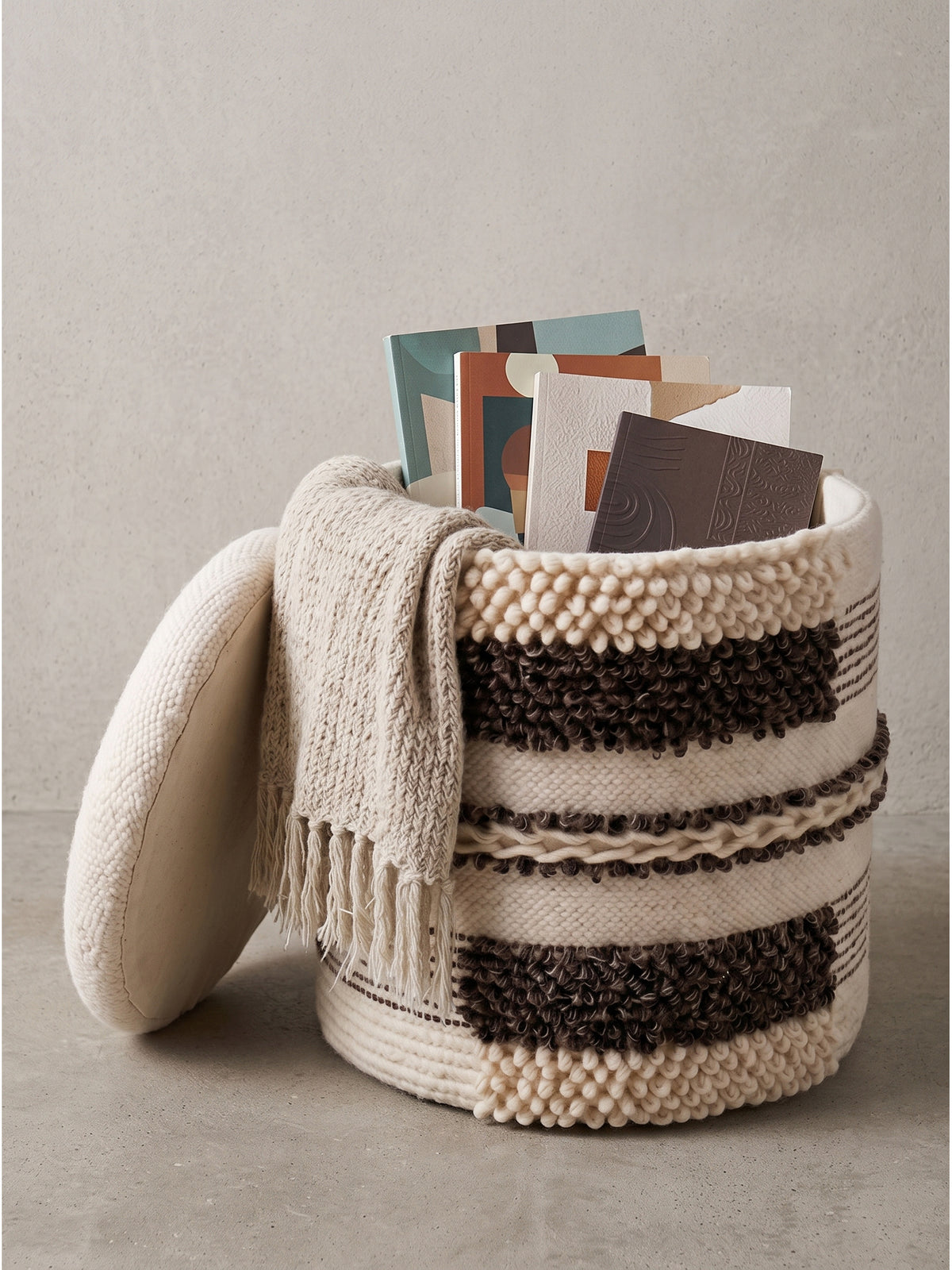 Runder Sitzhocker aus Wolle in Beige und Braun mit Streifenmuster und abnehmbarem Deckel vor einem neutralen Hintergrund.