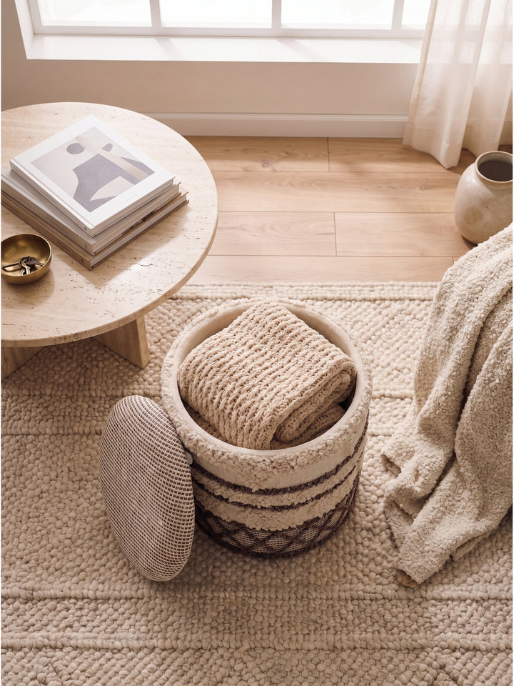 Blick von oben auf einen zylindrischen Stoffhocker mit geometrischem Webmuster neben einem cremefarbenen Bouclé-Sessel und Travertin-Tisch._