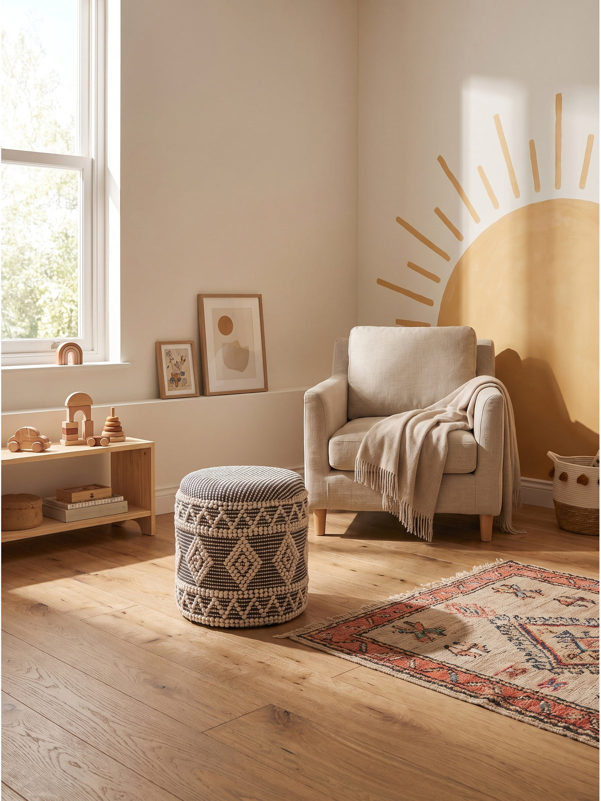 Runder Sitzhocker aus Wolle in Grau und Creme mit abnehmbarem Deckel im modernen Wohnzimmer vor einer warmgrauen Tadelakt-Wand_