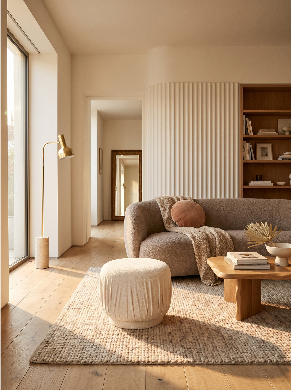 Runder Polsterhocker Creme 50x40 cm mit vertikaler Faltenoptik im organisch-modernen Wohnzimmer auf hellem Eichenparkett neben hellem Sofa_