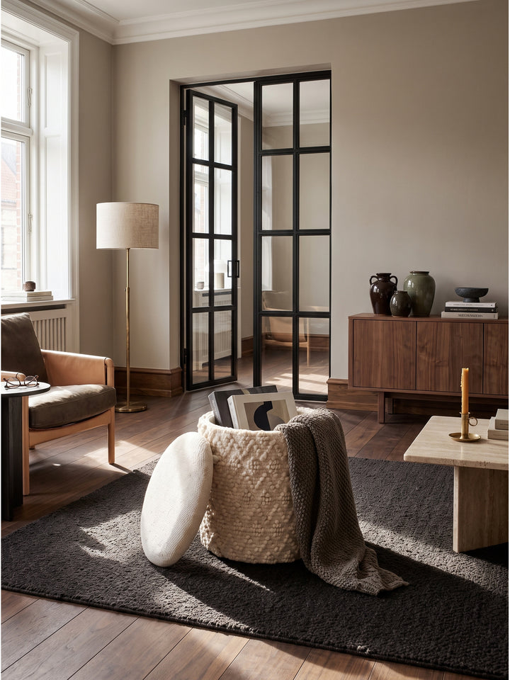 Cremefarbener runder Sitzhocker mit Stauraum 40x45 cm aus strukturiertem Wollstoff im Organic Modern Wohnzimmer neben einem Leder-Sessel_