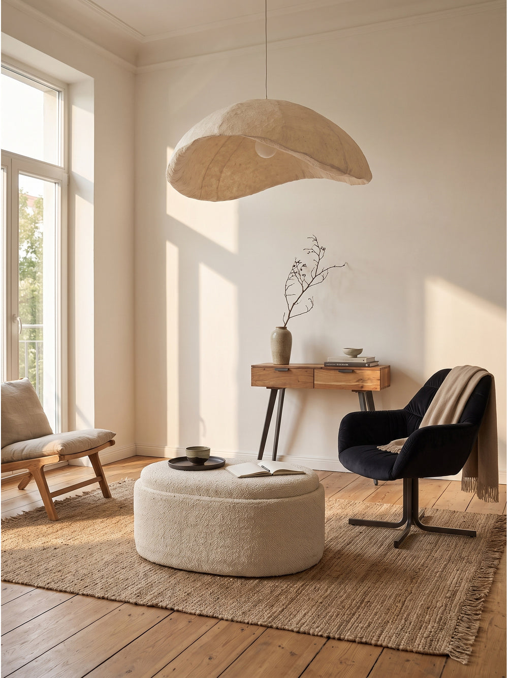 Ovaler Sitzhocker aus beigem Bouclé-Stoff im eleganten Wohnzimmer auf Eichendielen vor weißen Kalkputzwänden_