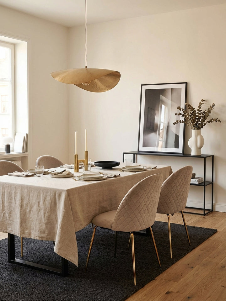 Eleganter Esszimmerstuhl in Beige-Samt an einem dunklen Holztisch in einem modernen Esszimmer, beleuchtet von warmem Licht._