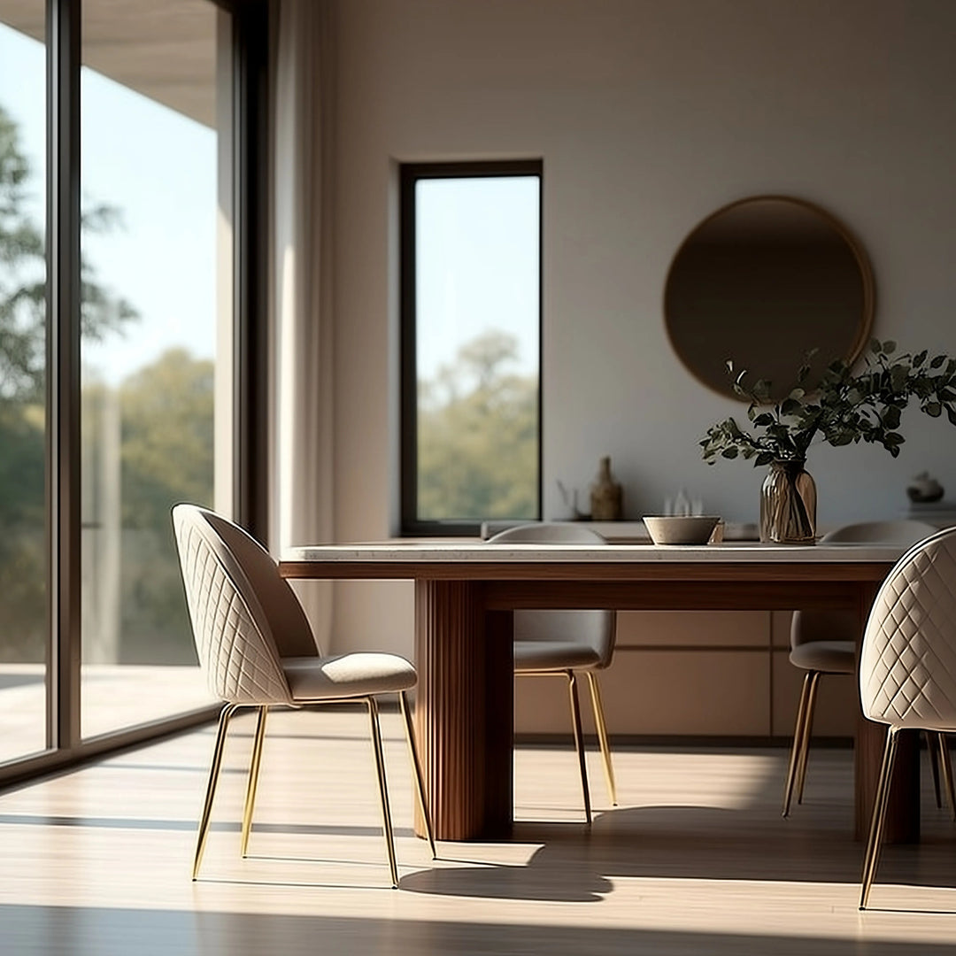 Eleganter Esszimmerstuhl aus Samt mit goldenen Metallbeinen von Kadima Design – modernes Interieur mit natürlichem Licht im Hintergrund_