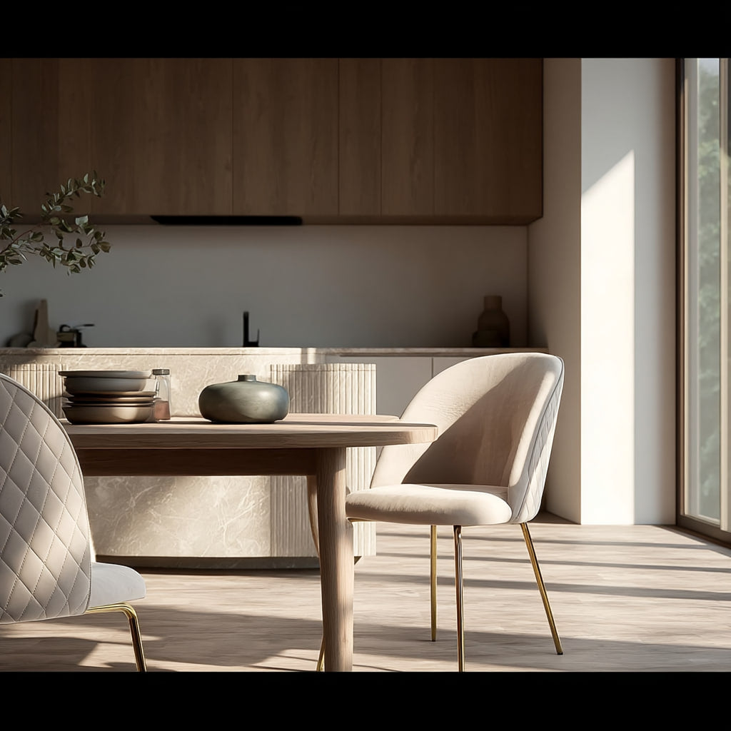 Moderner Samtstuhl mit goldfarbenen Beinen von Kadima Design – stilvoll inszeniert in einer lichtdurchfluteten Küche mit Natursteininsel und Holzelementen_