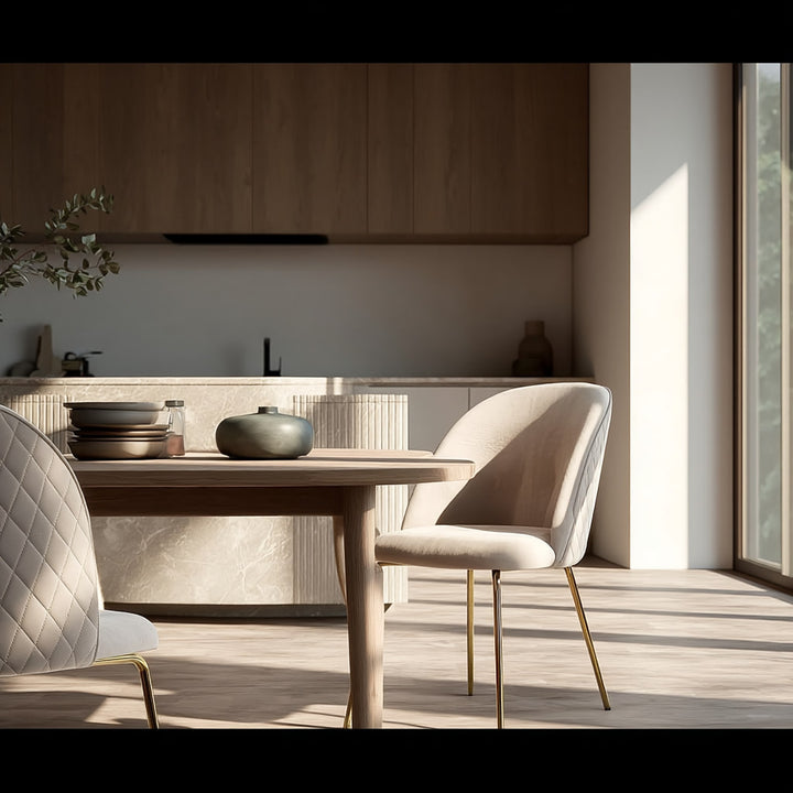Moderner Samtstuhl mit goldfarbenen Beinen von Kadima Design – stilvoll inszeniert in einer lichtdurchfluteten Küche mit Natursteininsel und Holzelementen_