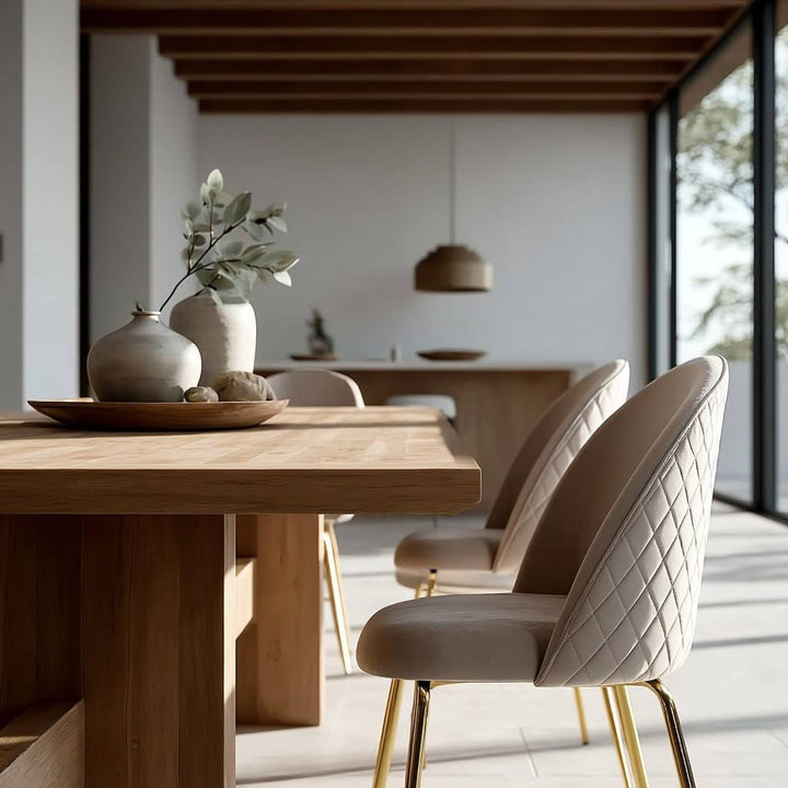 Esszimmerstuhl von Kadima Design in hellem Raum mit großen Fenstern. Beige Polsterung, goldene Beine und elegantes Design_
