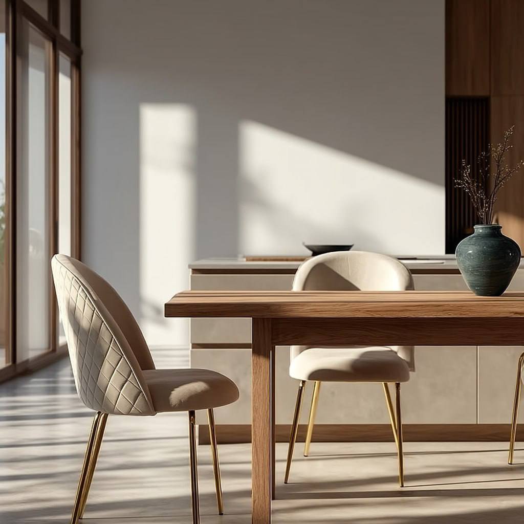 Polsterstuhl von Kadima Design mit gesteppter Rückenlehne und goldenen Beinen, neben Holztisch in modernem Essbereich_